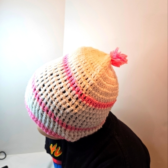 Hand Crafted Knitted beanie Handmade hat white & pink Stripes hand knit pom pom - Picture 8 of 17